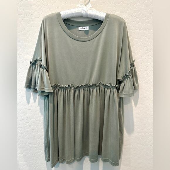 IN LOOM | Muted Sage Green Babydoll Top Ruffle Sleeve Tiered Blouse | Size Small - Picture 1 of 7
